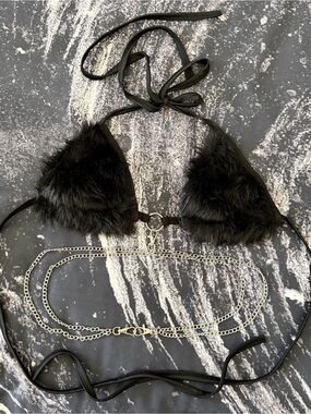 Black Faux Fur Triangle Bikini Top w/ Chain Straps Size S/M